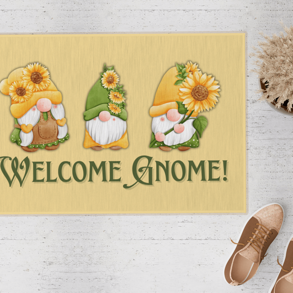 door matt with 3 gnomes that reads "welcome gnome!"